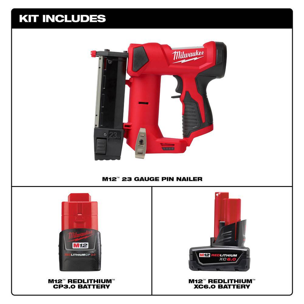 MW M12 12-Volt 23-Gauge Lithium-Ion Cordless Pin Nailer with M12 6.0Ah and M12 3.0Ah Battery Packs 2540-20-48-11-2460-48-11-2430