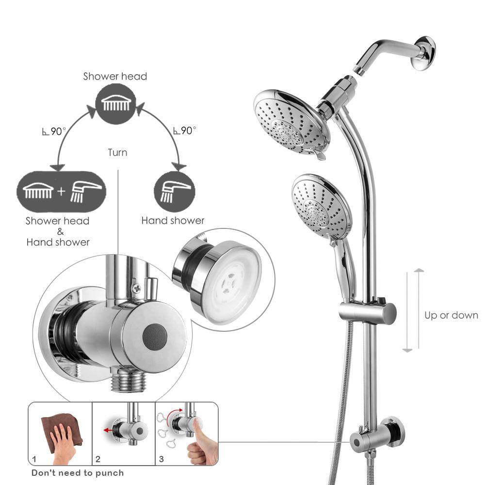 Logmey 5-Spray Patterns with 2.5 GPM 5 in. Wall Mount Dual Shower Heads with Slide Bar and Hose in Chrome Polishing LM-SLF16002