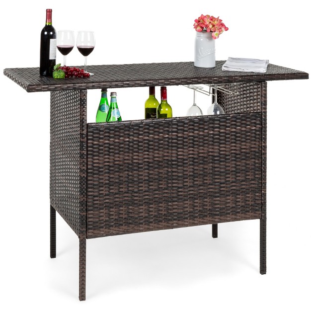 Best Choice Products Outdoor Patio Wicker Bar Counter Table W 2 Steel Shelves 2 Sets Of Rails