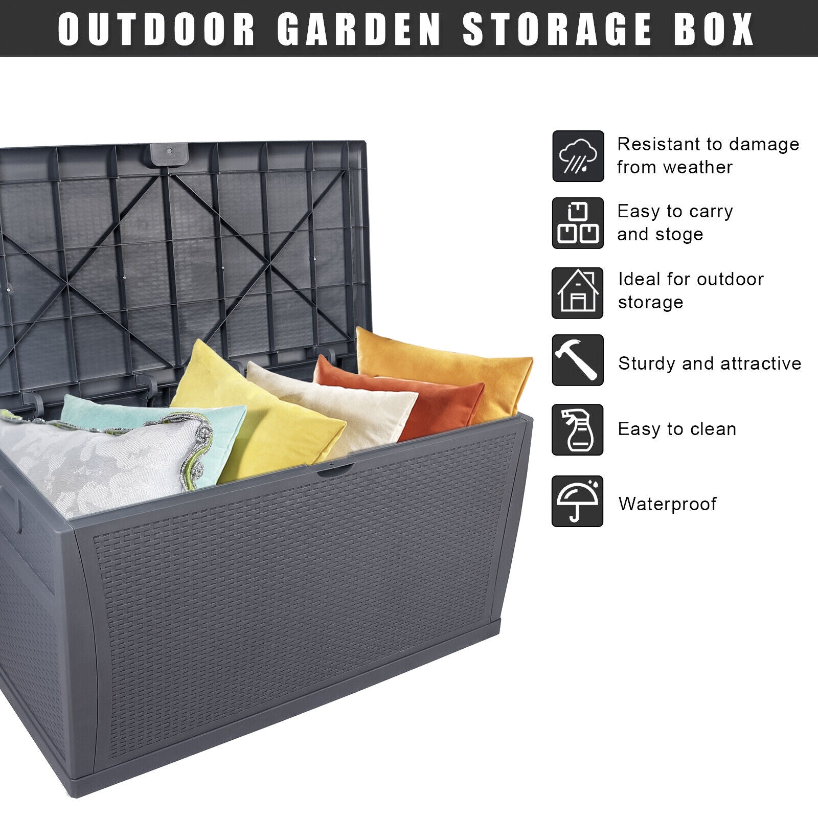 120 Gallon Resin Deck Box Indoor Outdoor Storage Box with Lockable Lid for Patio Cushions, Toys, Garden Tools Gray