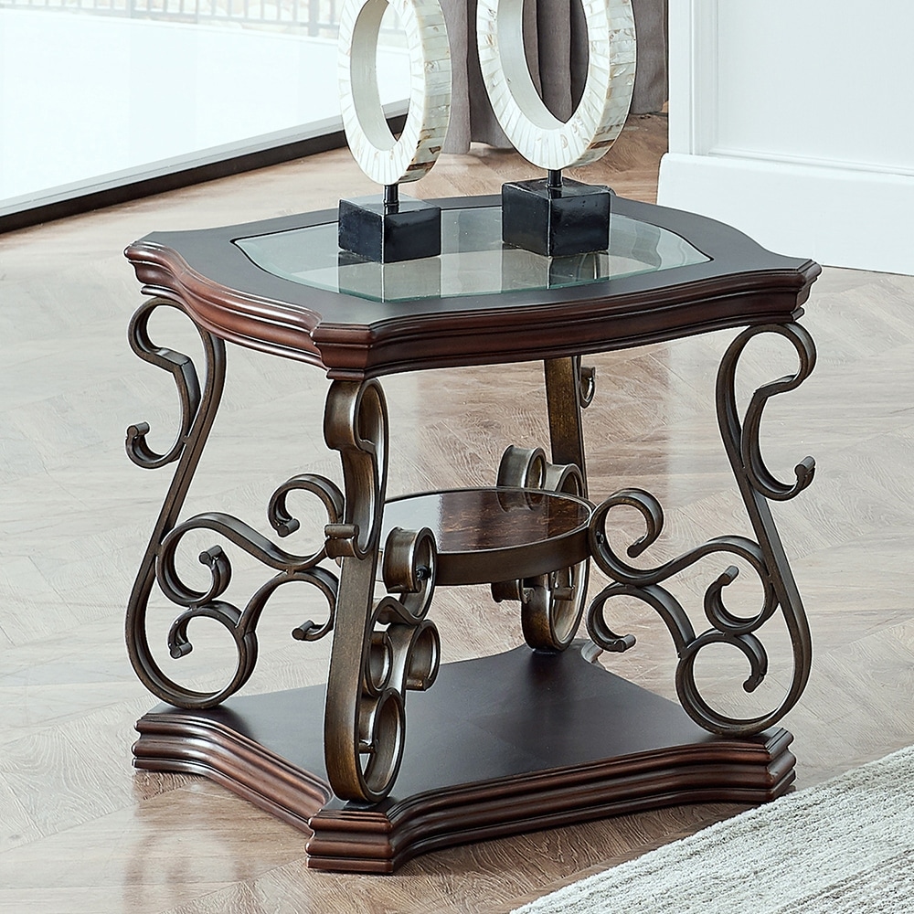 End Table， Glass Table Top， MDF W/marble Paper Middle Shelf，Metal Legs