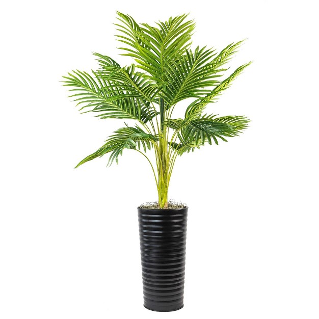 Artificial Ribbed Metal Palm Planter In Black And White - Lcg Florals