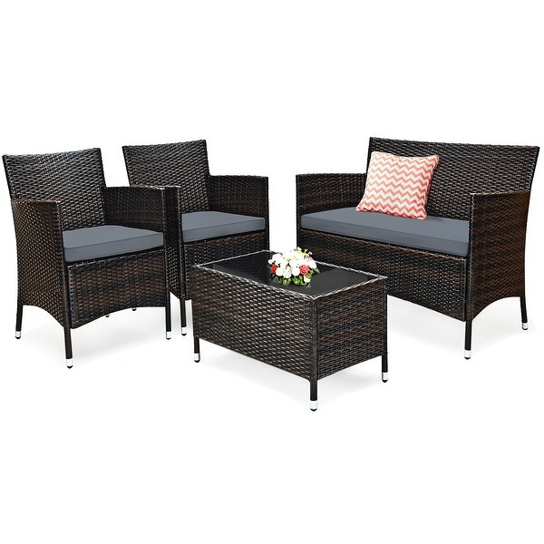 Costway 4PCS Rattan Patio Furniture Set Cushioned Sofa Chair Coffee