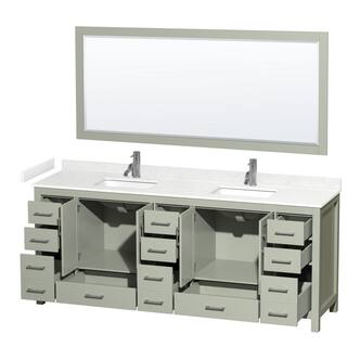 Wyndham Collection 84 in. W x 22 in. D x 35 in. H Double Bath Vanity in Light Green with Carrara Cultured Marble Top and 70 in. Mirror WCS141484DLGC2UNSM70