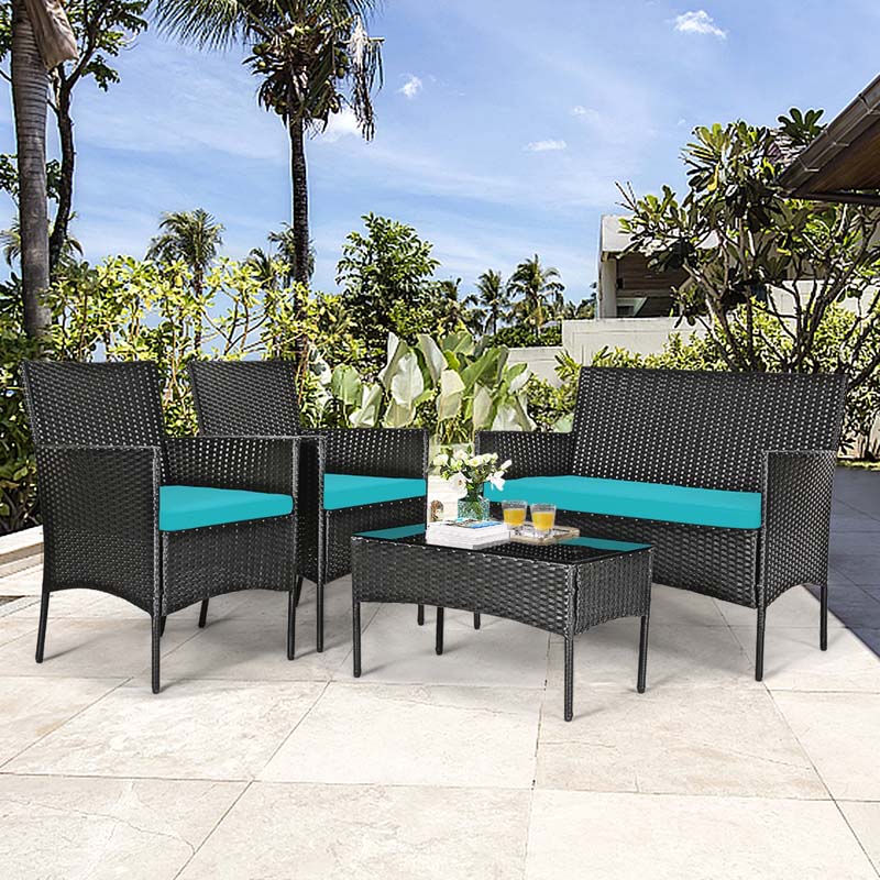 4 Pcs Rattan Patio Conversation Furniture Set Wicker Outdoor Sofa Set with Cushions & Coffee Table