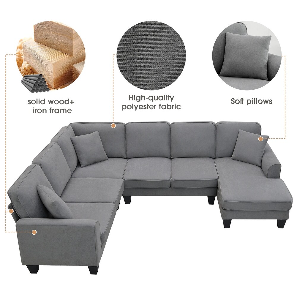 Modern U Shape Sectional Sofa with 3 Pillows  7 Seat Fabric Sectional Sofa Set for Living Room Apartment Office