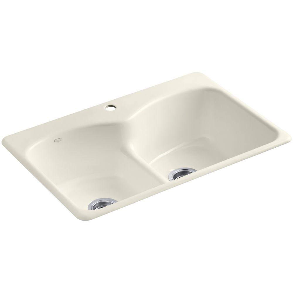 KOHLER Langlade Smart Divide Drop-In Cast-Iron 33 in. 1-Hole Double Bowl Kitchen Sink in Biscuit K-6626-1-96