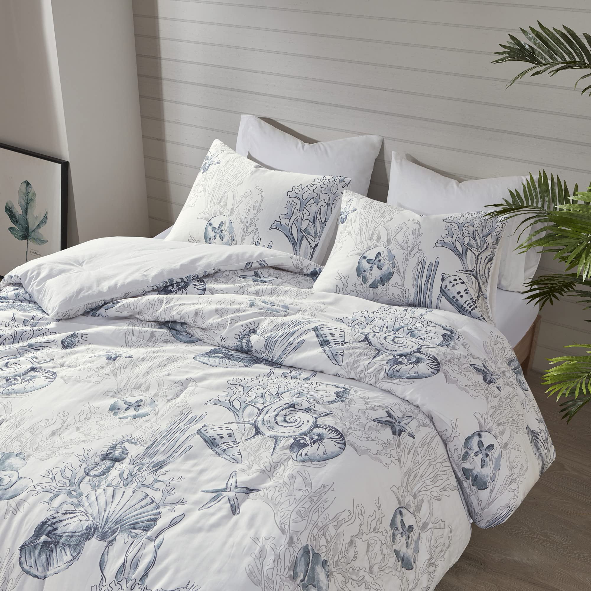 Madison Park Seabed 100% Cotton Sateen 3-Piece Coastal Blue Print Bedding Comforter Set， Full/Queen