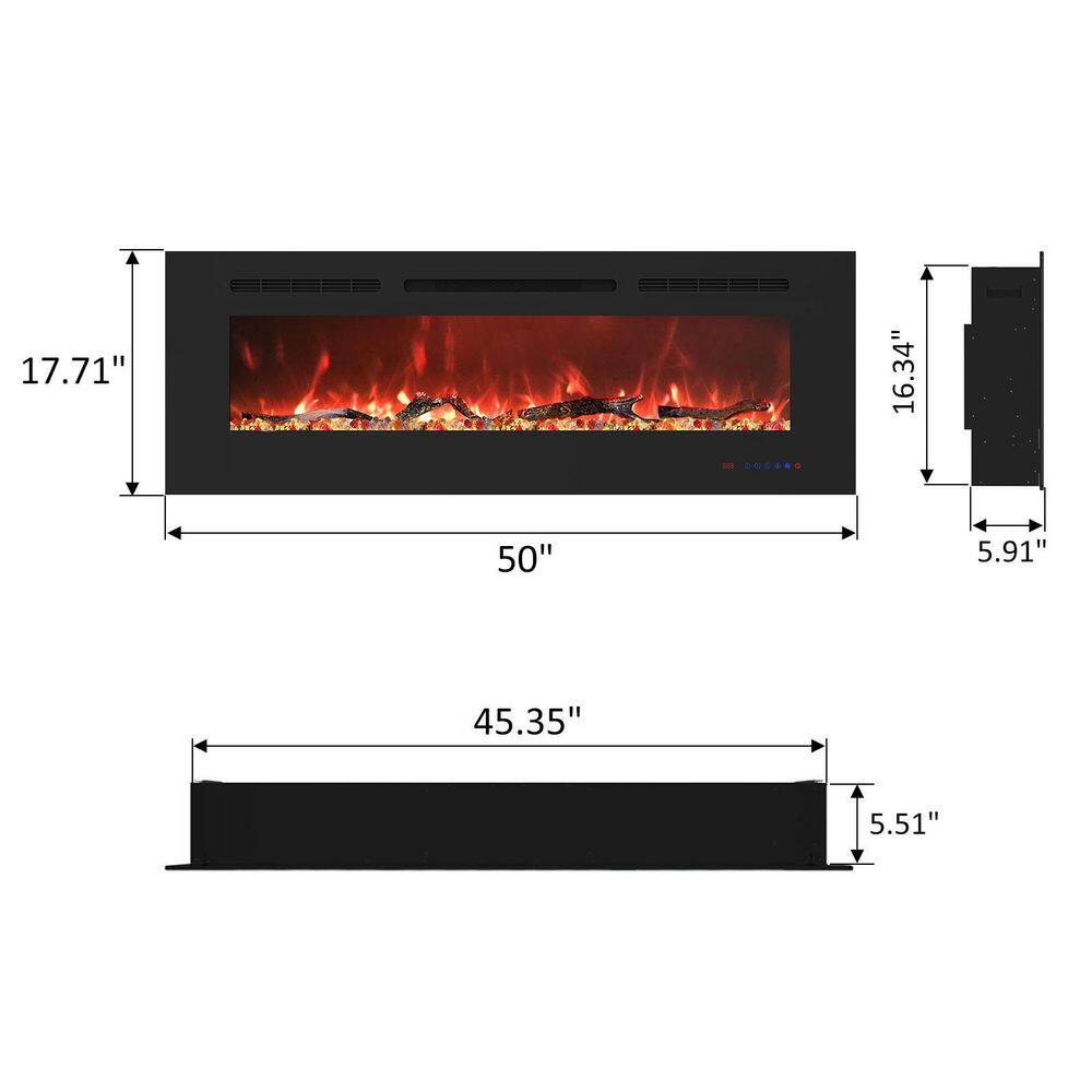 Valuxhome 50 in. Electric Fireplace Recessed and Wall Mounted Fireplaces Remote Overheating Protection 1500W750W Black EF50R-HD