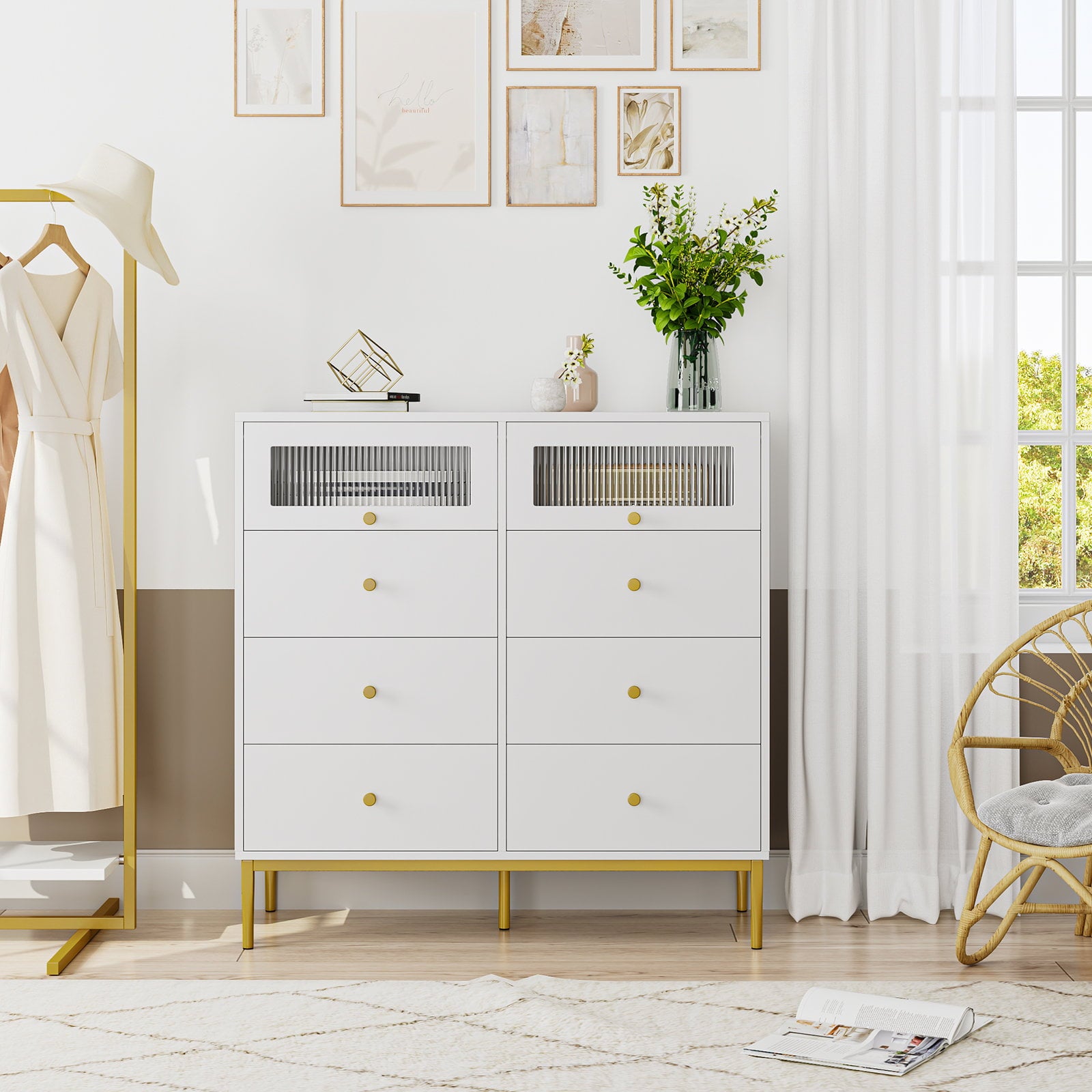 Homfa Double Dresser with 6 Drawers, Storage Cabinet with 2 Glass Doors, White