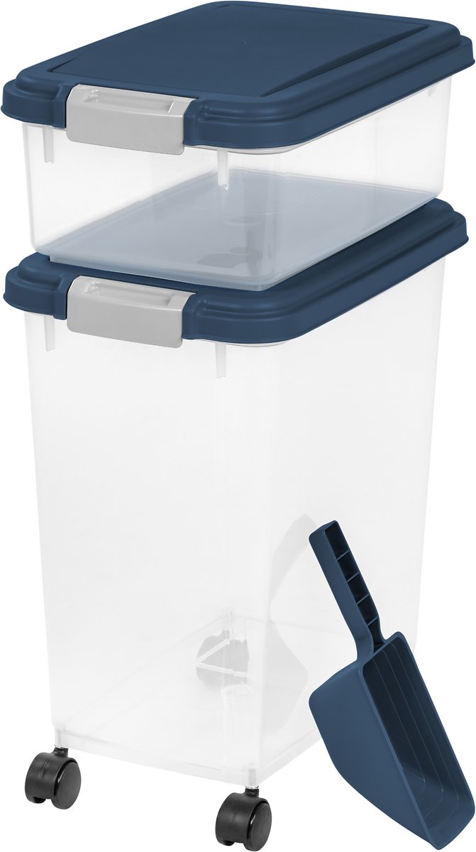 IRIS Airtight Food Storage Container and Scoop Combo for pet， dog， cat and bird food， Navy/Gray