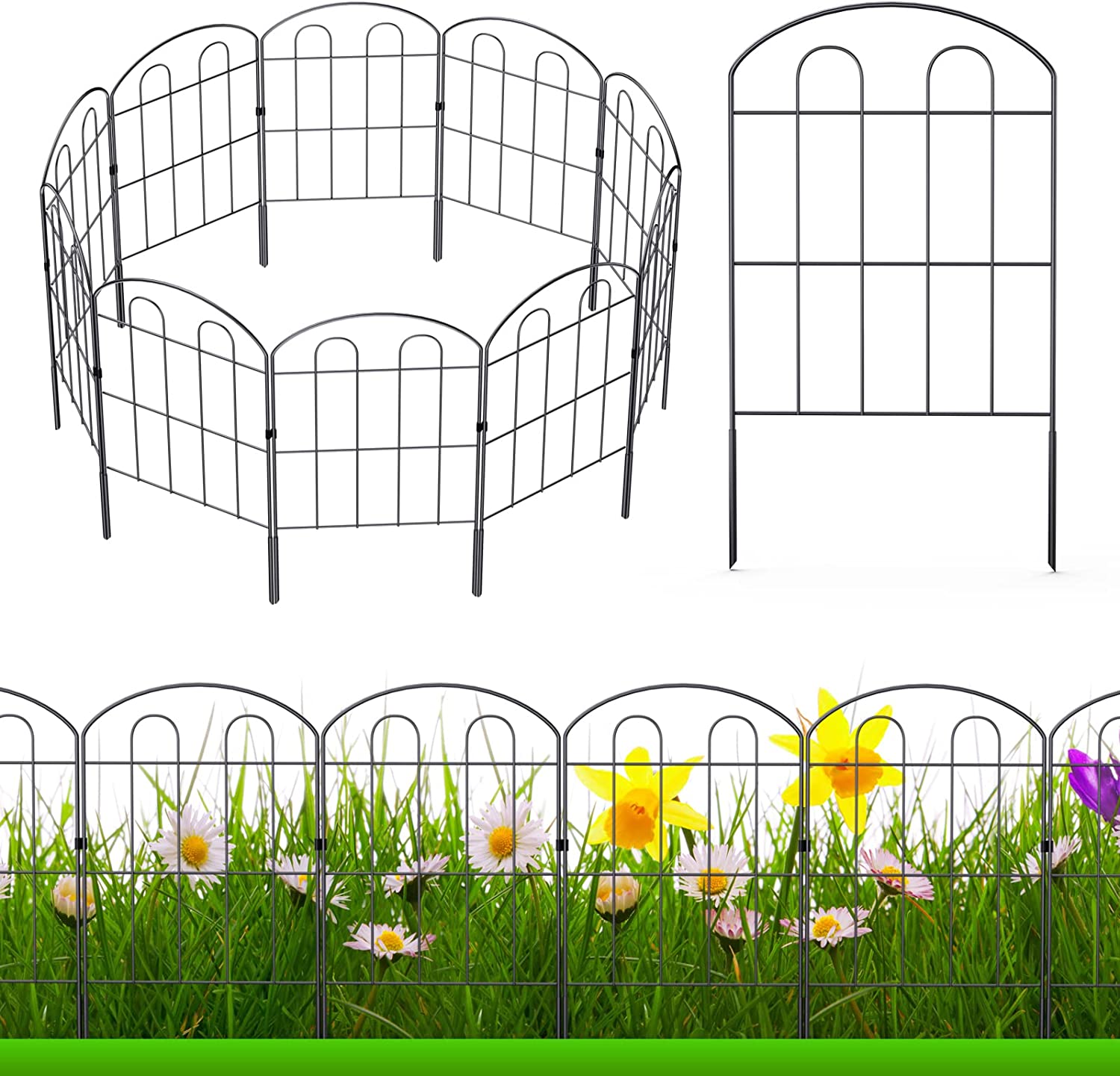 Decorative Garden Fence Outdoor 24in x 10ft Coated Metal RustProof Landscape Wrought Iron Wire Border Folding Patio Fences Flower Bed Fencing Animal Barrier Section Panels Decor Picket Edging