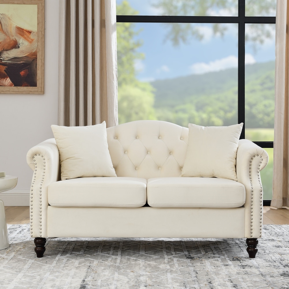 Beige Velvet Nailhead Trim Sofa Set  3 Seater + Loveseat