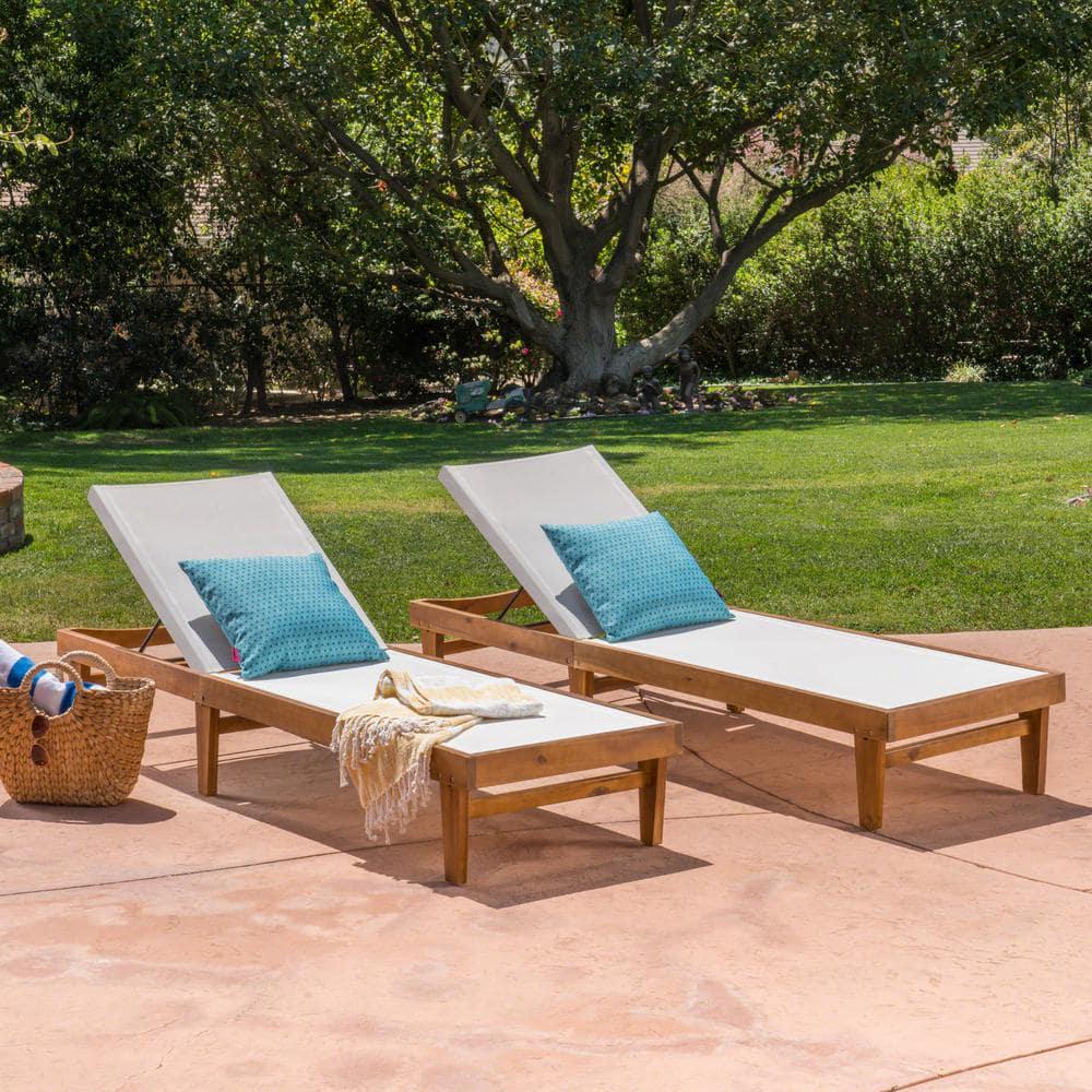 Noble House Summerland White and Teak Brown Wood Adjustable Outdoor Chaise Lounges