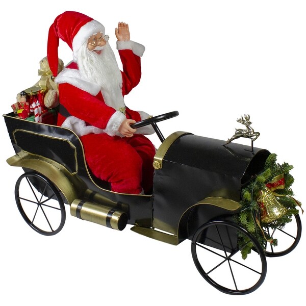 33 Santa Delivering Presents in a Black and Gold Vintage Car Christmas Decoration