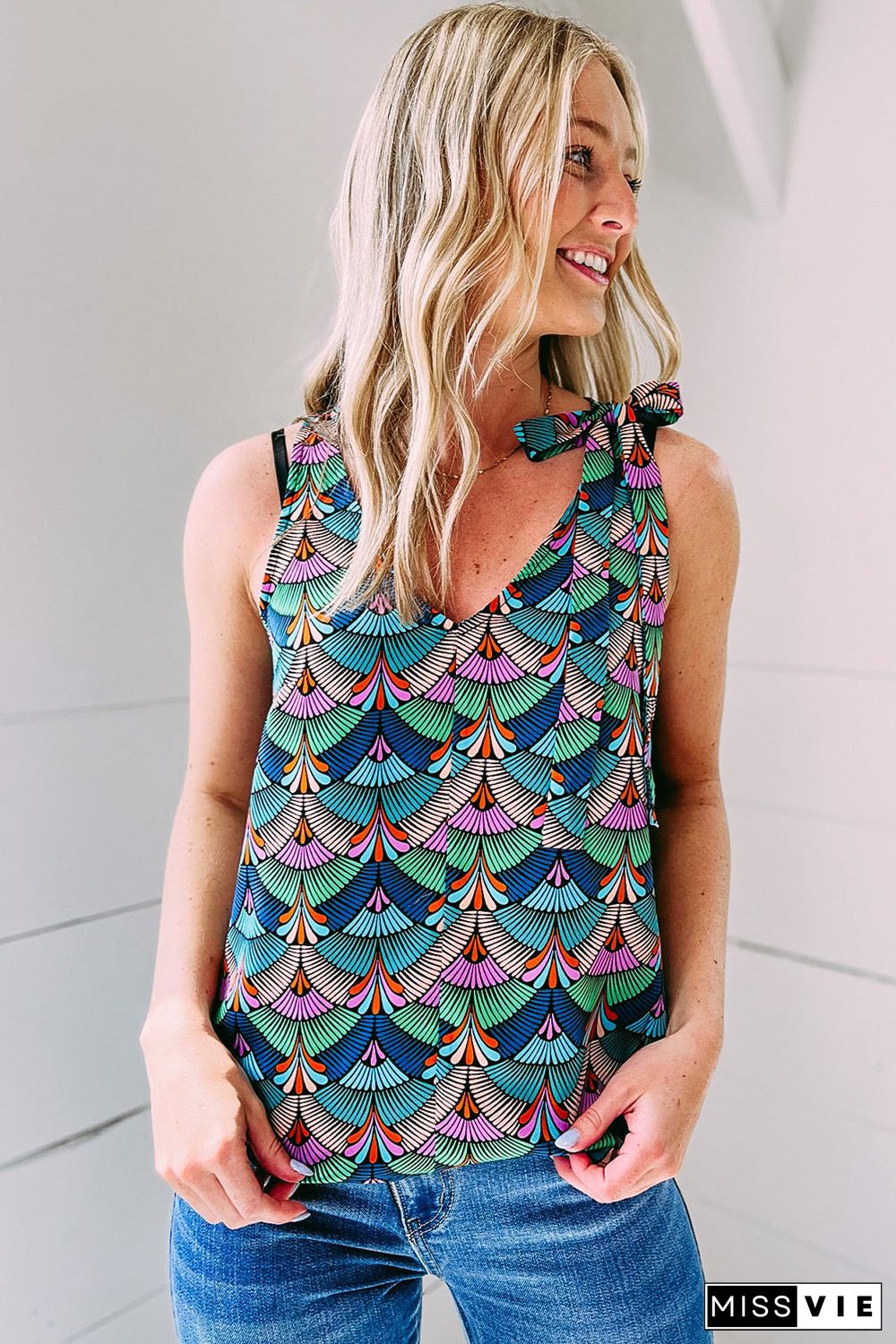 Blue Printed Knotted Shoulder Tank Top