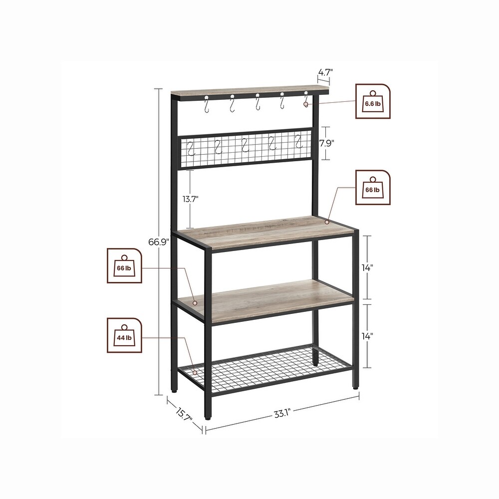 VASAGLE ALINRU Kitchen Bakers Rack Cupboard  Mesh Panel  3 Shelves  and Adjustable Feet  for Microwave Oven Cooking Utensils