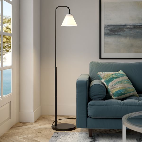 Henderson Arc Floor Lamp with Glass Shade in Blackened Bronze/White Milk