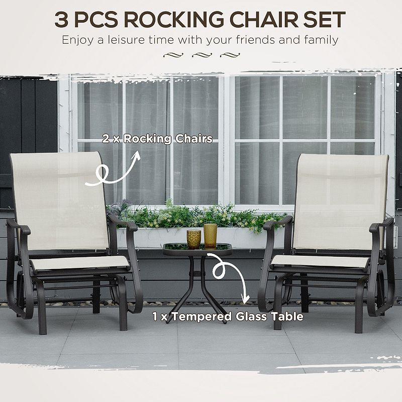 Outsunny 3-Piece Outdoor Gliders Set Bistro Set with Steel Frame， Tempered Glass Top Table for Patio， Garden， Backyard， Lawn， Beige