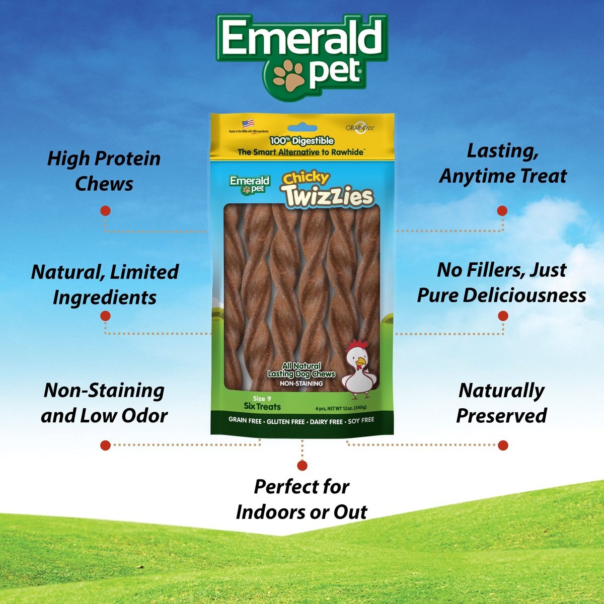 Emerald Pet Chicky Twizzies Grain-Free Dog Treats， 9-in