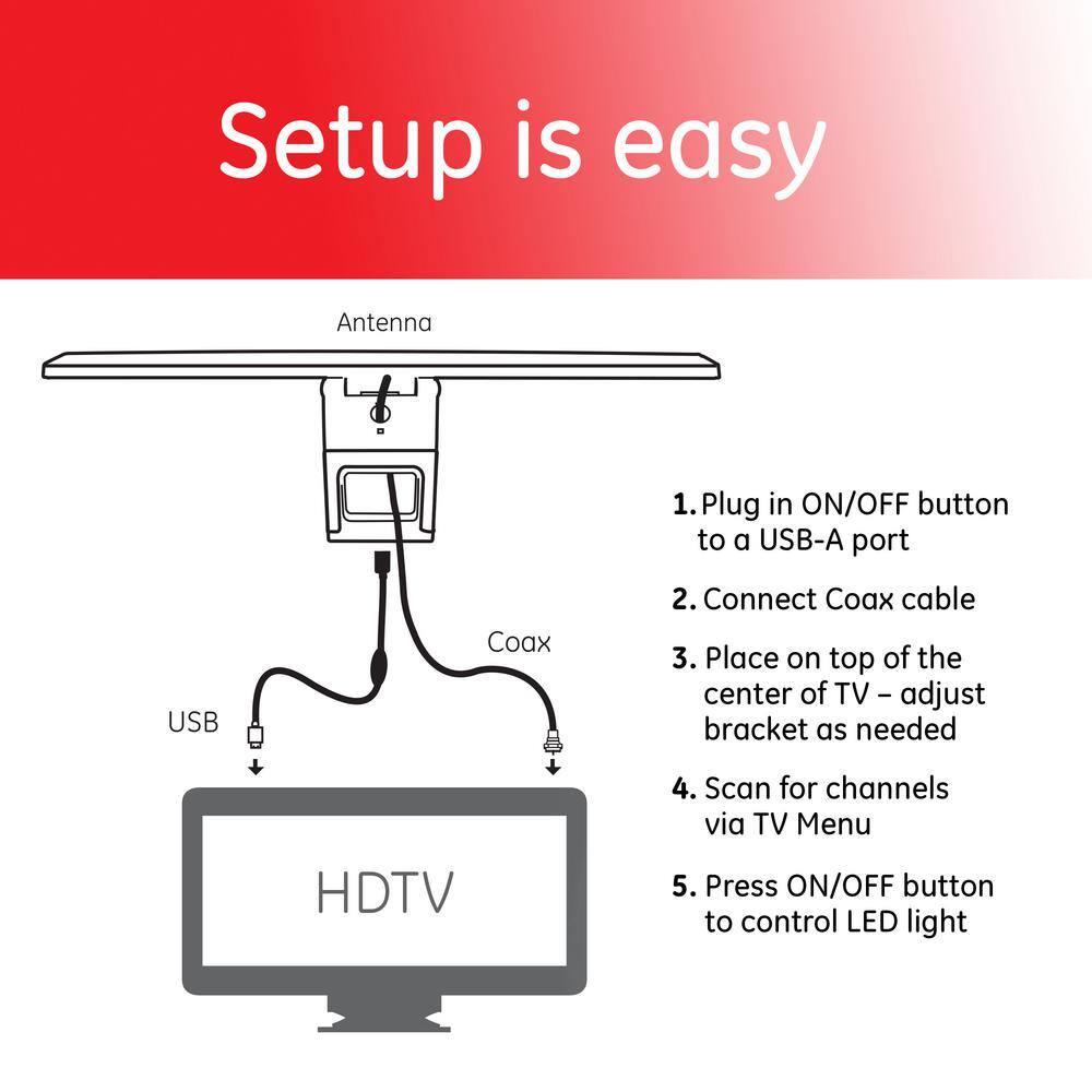 GE LED Bias Light HD TV Antenna Improves Picture Quality Reduces Eye Strain Indoor 4K 1080P Digital HDTV VHF UHF 53592