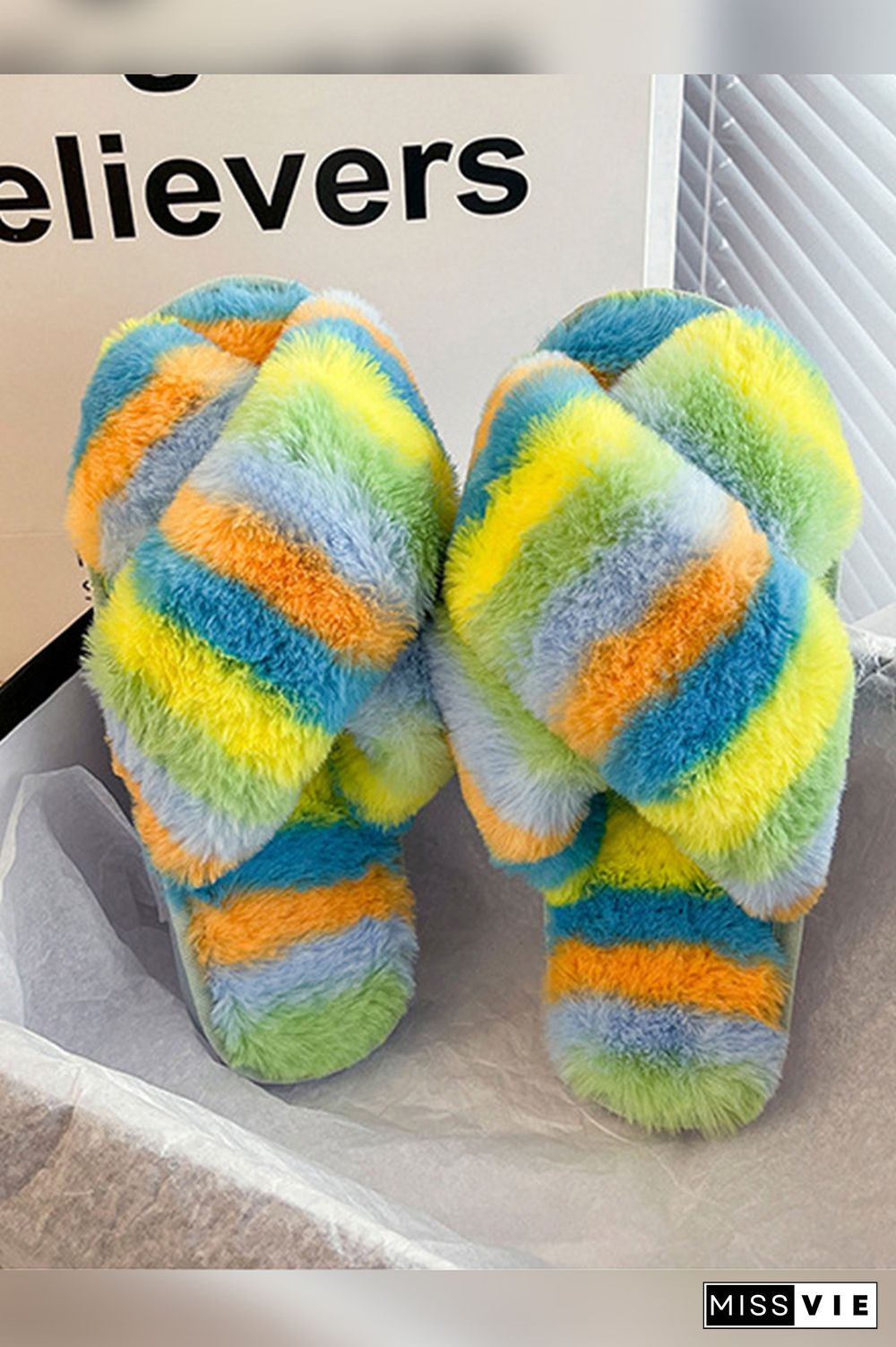 Multicolor Fluffy Criss-cross Home Slippers Wholesale