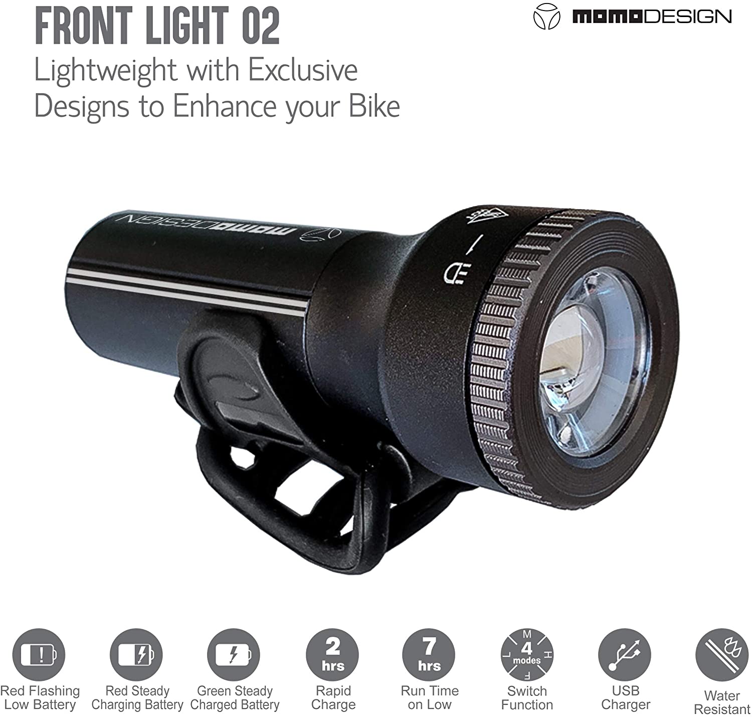 MOMODESIGN Bike Light • Zoom LED USB Rechargeable Headlight • Bright Nightvision for Safety • Water Resistant • Universal Fit • 300 Lumens • Charging time: 2-3 Hours • Runtime 7 Hours Low Mode