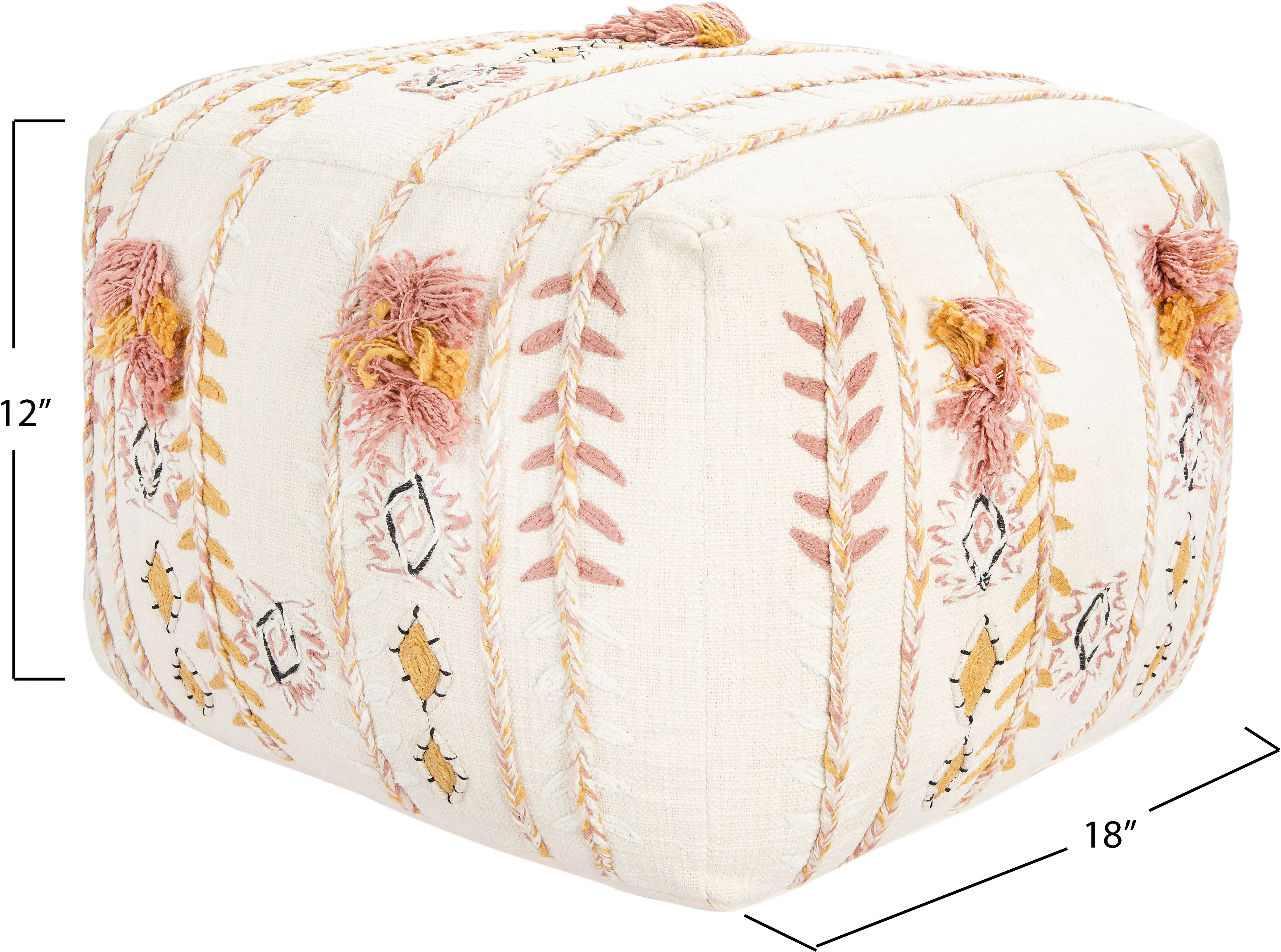 Cream Embroidered Pouf with Applique and Fringe