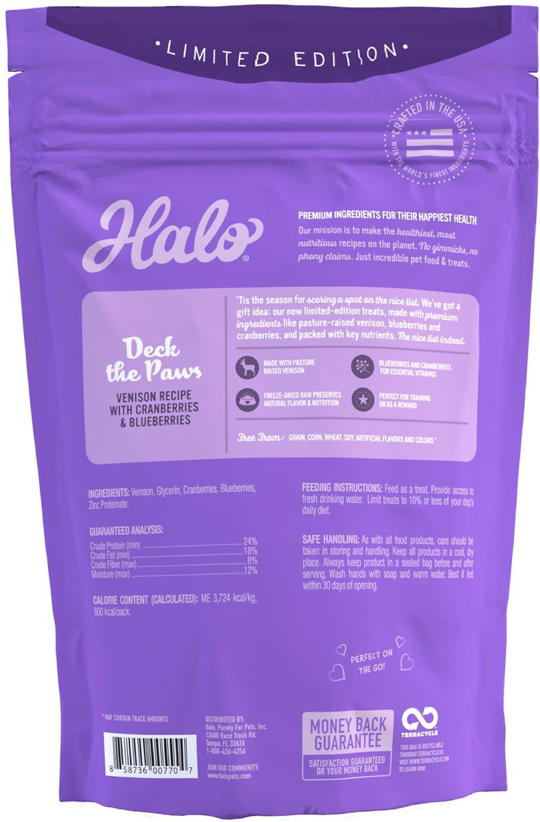 Halo Deck The Paws Venison， Cranberry， and Blueberry Flavored Jerky Dog Treats， 6-oz pouch