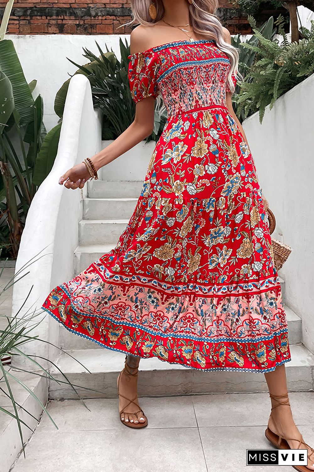 Red Off Shoulder Floral Ruffle Dress