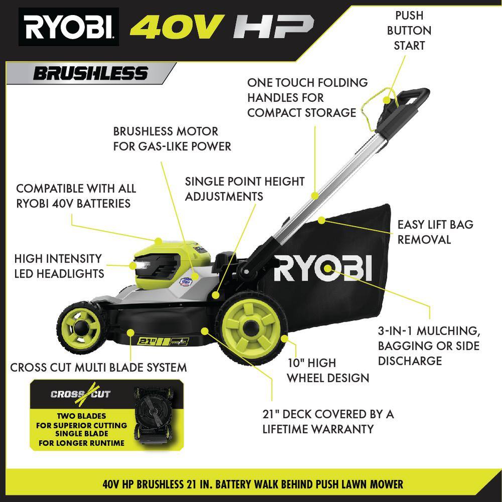 RYOBI 40V HP Brushless 21 in. Battery Walk Behind Dual Blade Push Lawn Mower with 7.5 Ah Battery and Rapid Charger RY401200