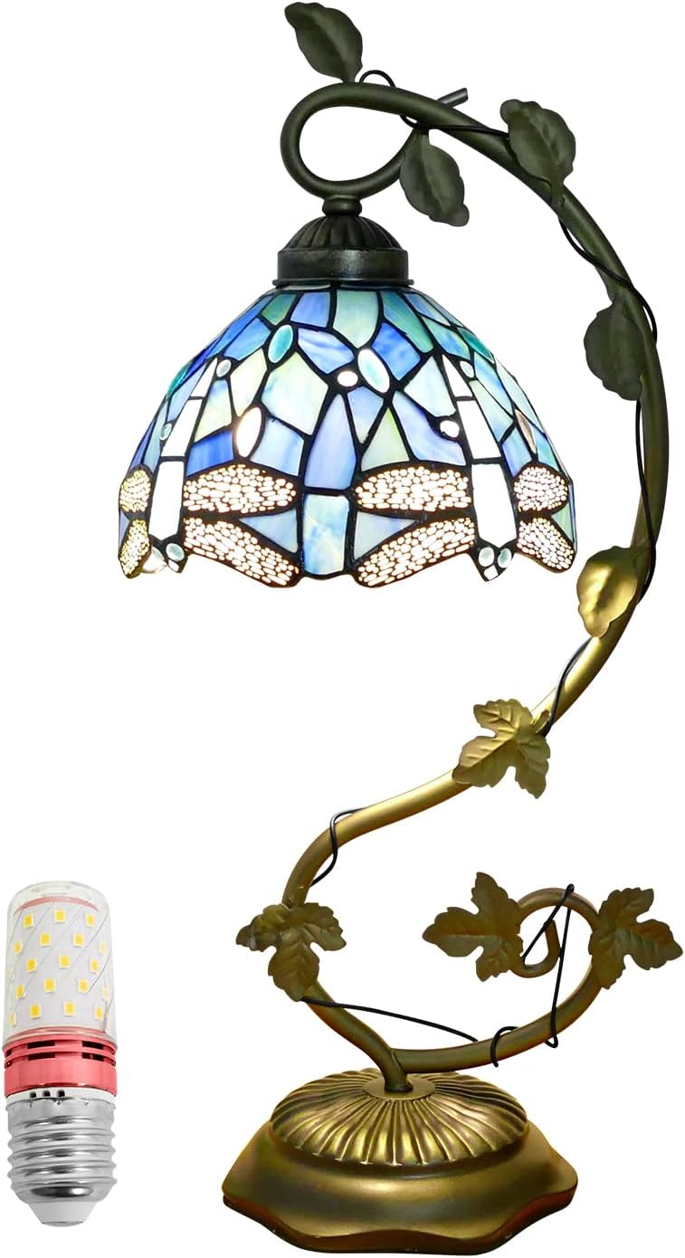 SHADY Tiffany Style Table Lamp 8x10x21 Inch Sea Blue Dragonfly Handmade Stained Glass Desk Lamp with Metal Leaf Iron Decor Vintage Curved Reading Light for Bedside  Living Room  Office (L