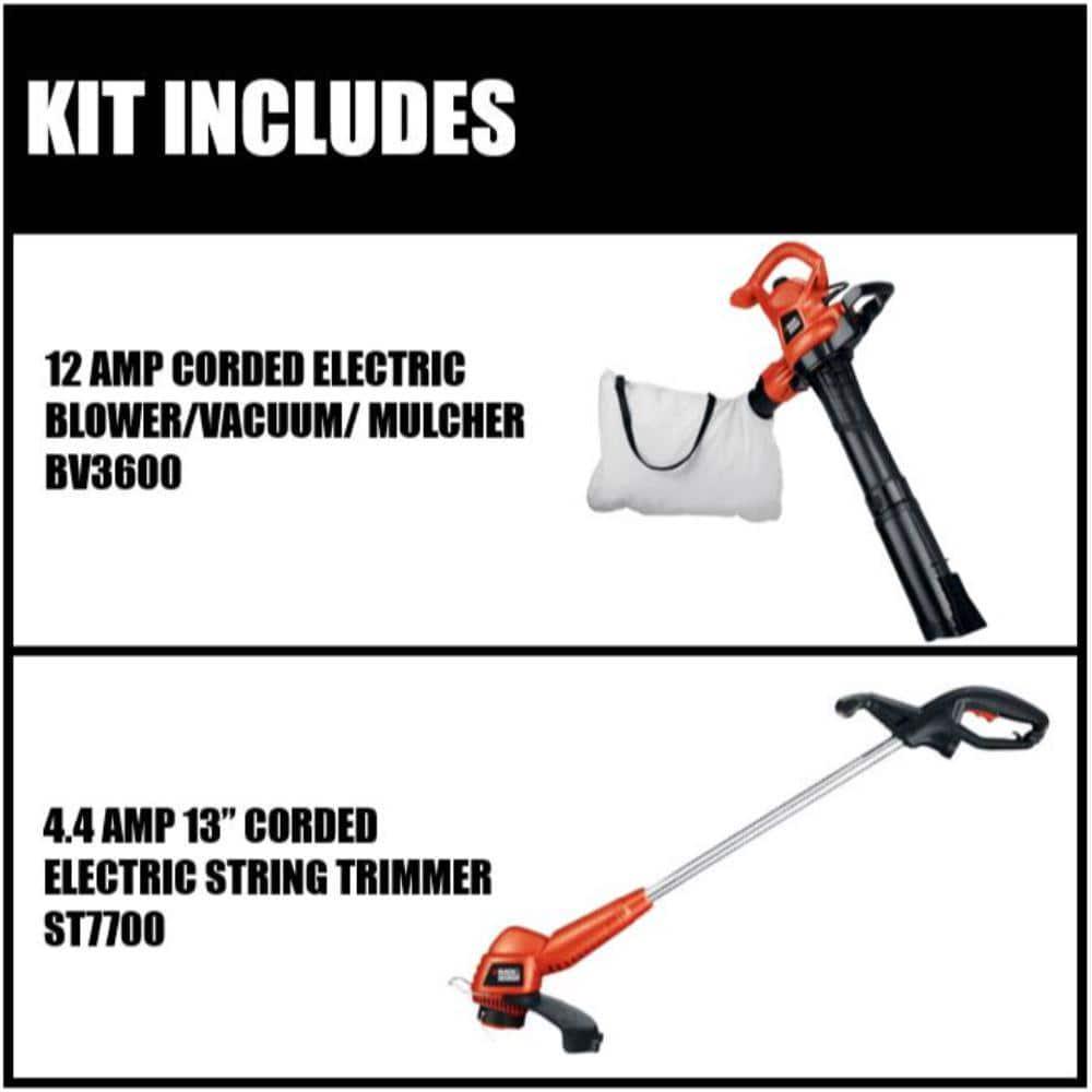 BLACKDECKER Corded Electric 3in1 Leaf Blower Vacuum Mulcher and 2in1 String Trimmer and Grass Edger Combo Kit