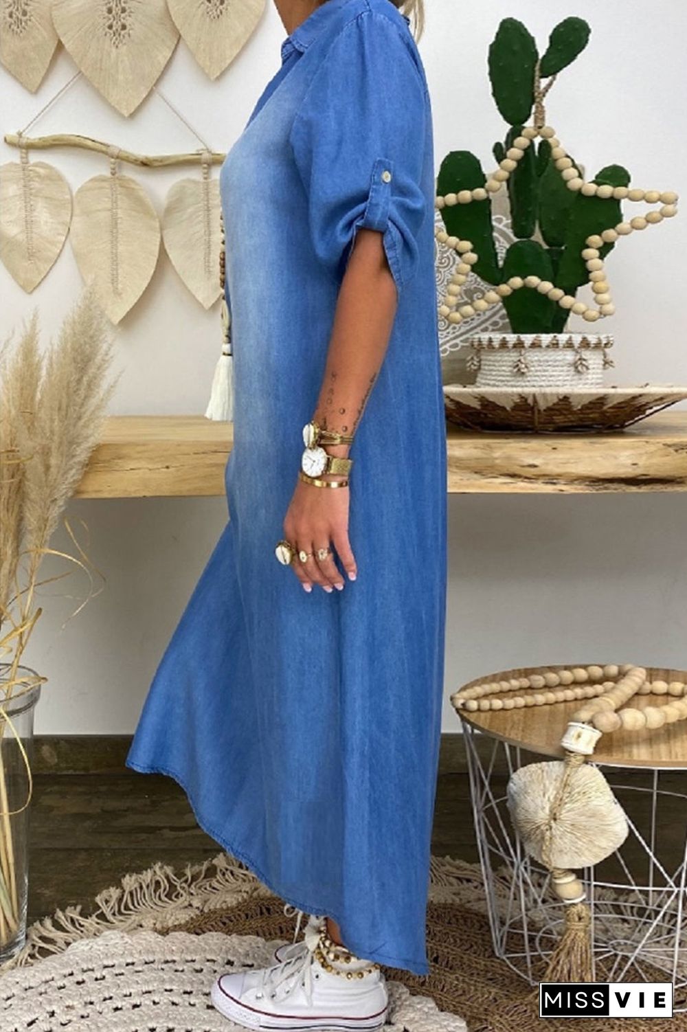 Plus Size Denim Split Neck Side Slit Maxi Dress