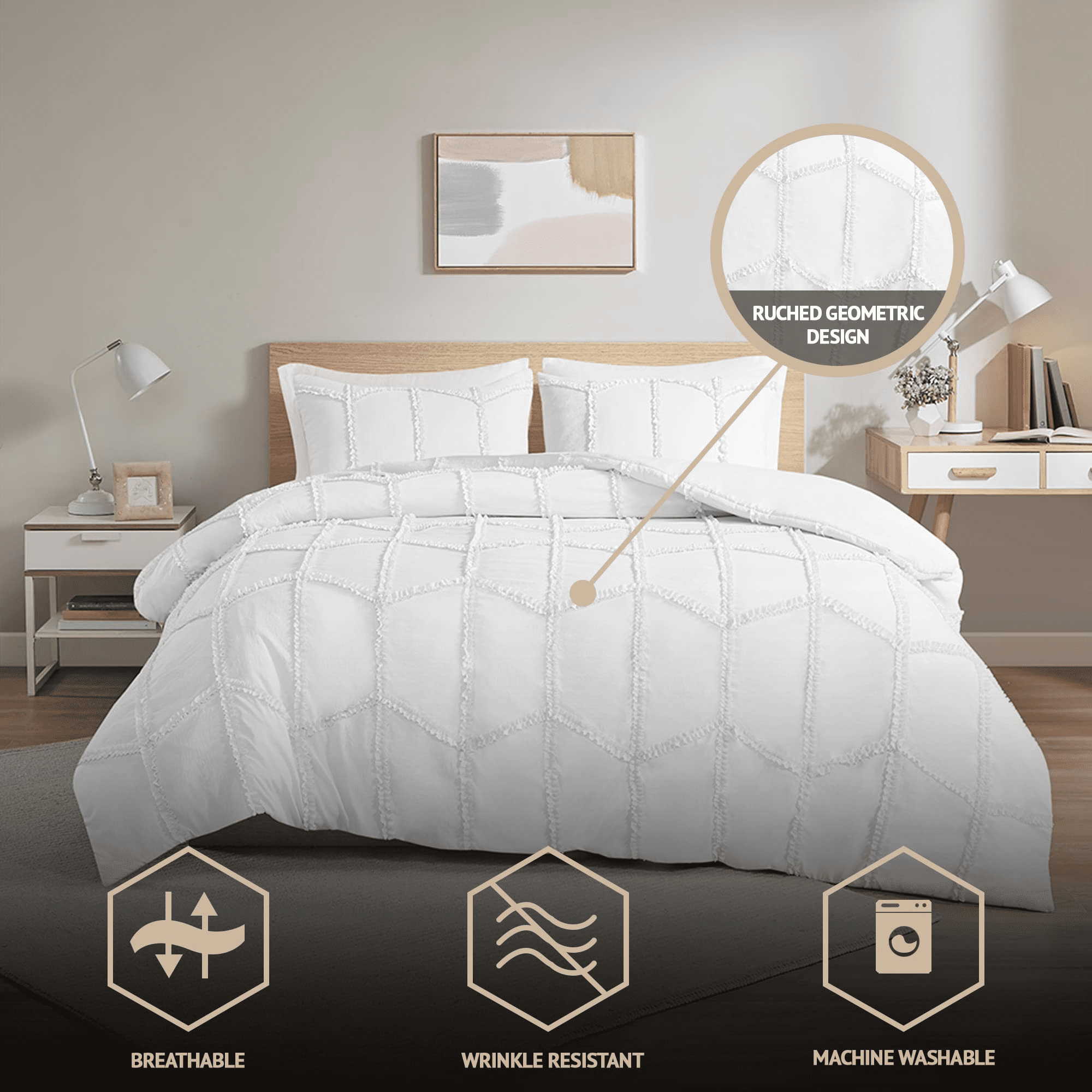 Intelligent Design Jolene Microfiber 3-Piece White Geometric Comforter Set， Full/Queen