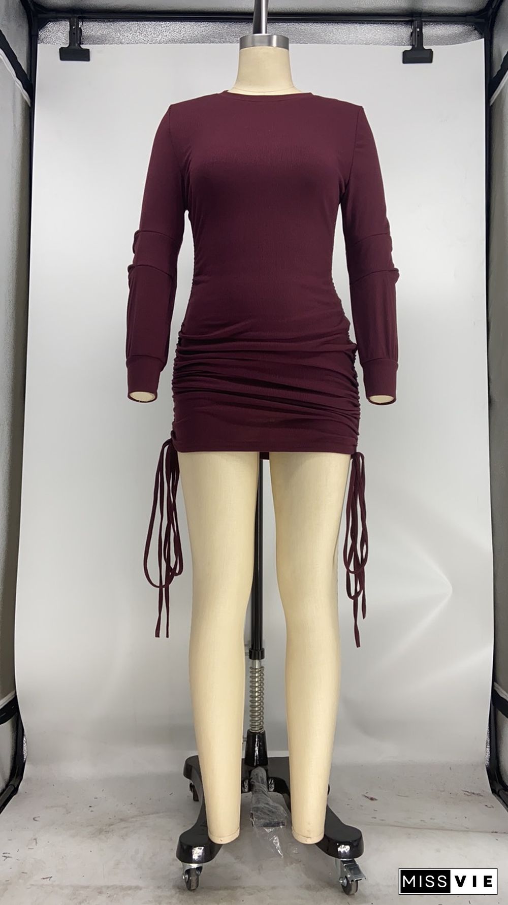 Solid Color Long-sleeved Round Neck Drawstring Bodycon Dress