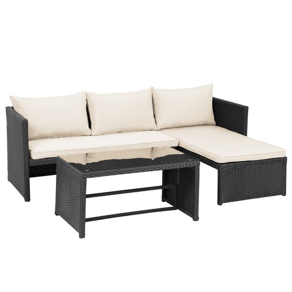 3 Pieces Patio Conversation Set，All Weather Outdoor PE Rattan Wicker Furniture Set with Cushions，Tempered Glass Coffee Table