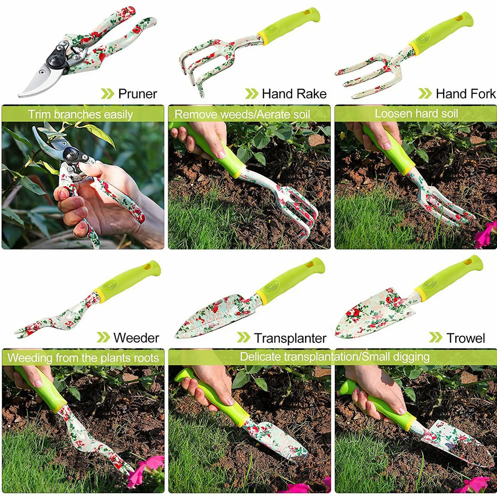 New design Pruning Shears Weeder Hand Rake Shovel Tran 6 PCS Heavy Duty Aluminum Gardening Hand Tools  Kit For Gift