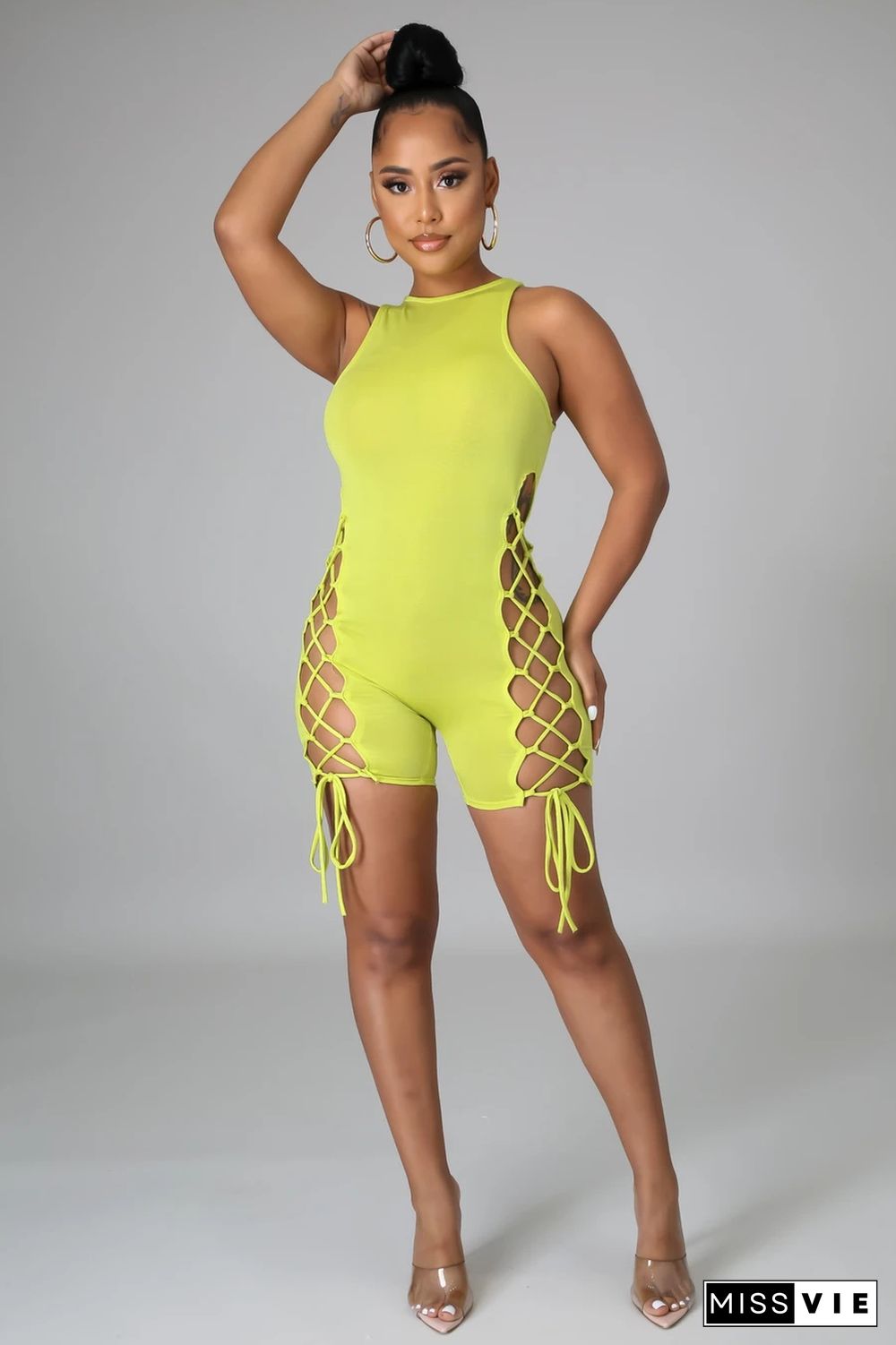 Sleeveless O Neck Hollow Out Bandage Bodycon Romper