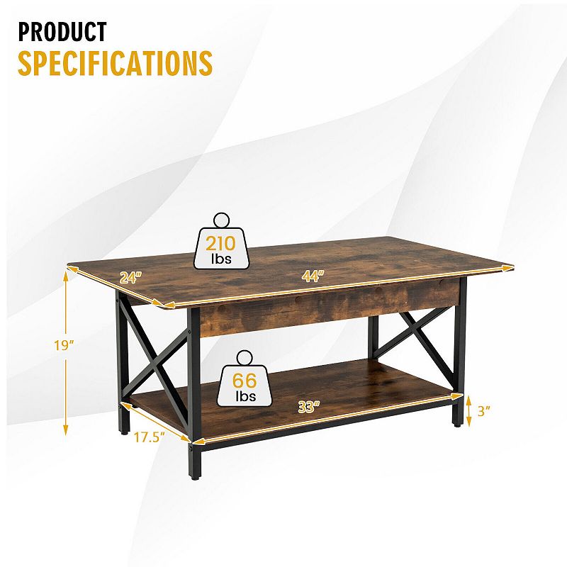 2-Tier Industrial Rectangular Coffee Table with Storage Shelf