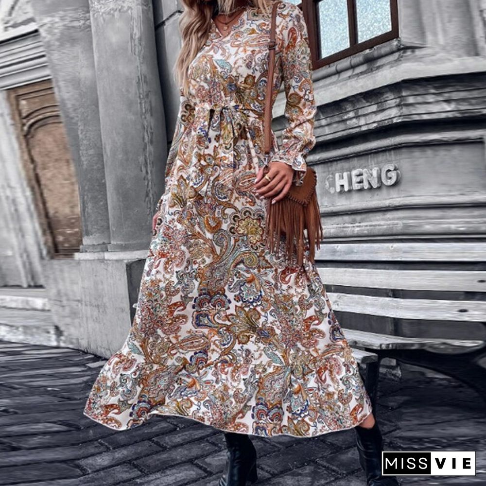 Fashion Vintage Pattern Print A-Line Loose Dress Female Casual V-Neck Long Sleeve Maxi Dress Autumn Ruffle Office Pleated Dress