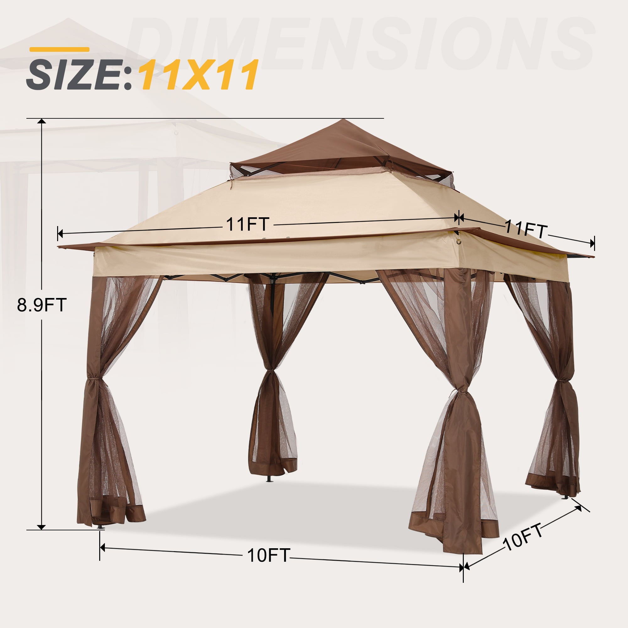 ABCCANOPY 11'x11' Gazebo Tent Outdoor Pop up Gazebo Canopy Shelter with Mosquito Netting, 11 ft, Khaki