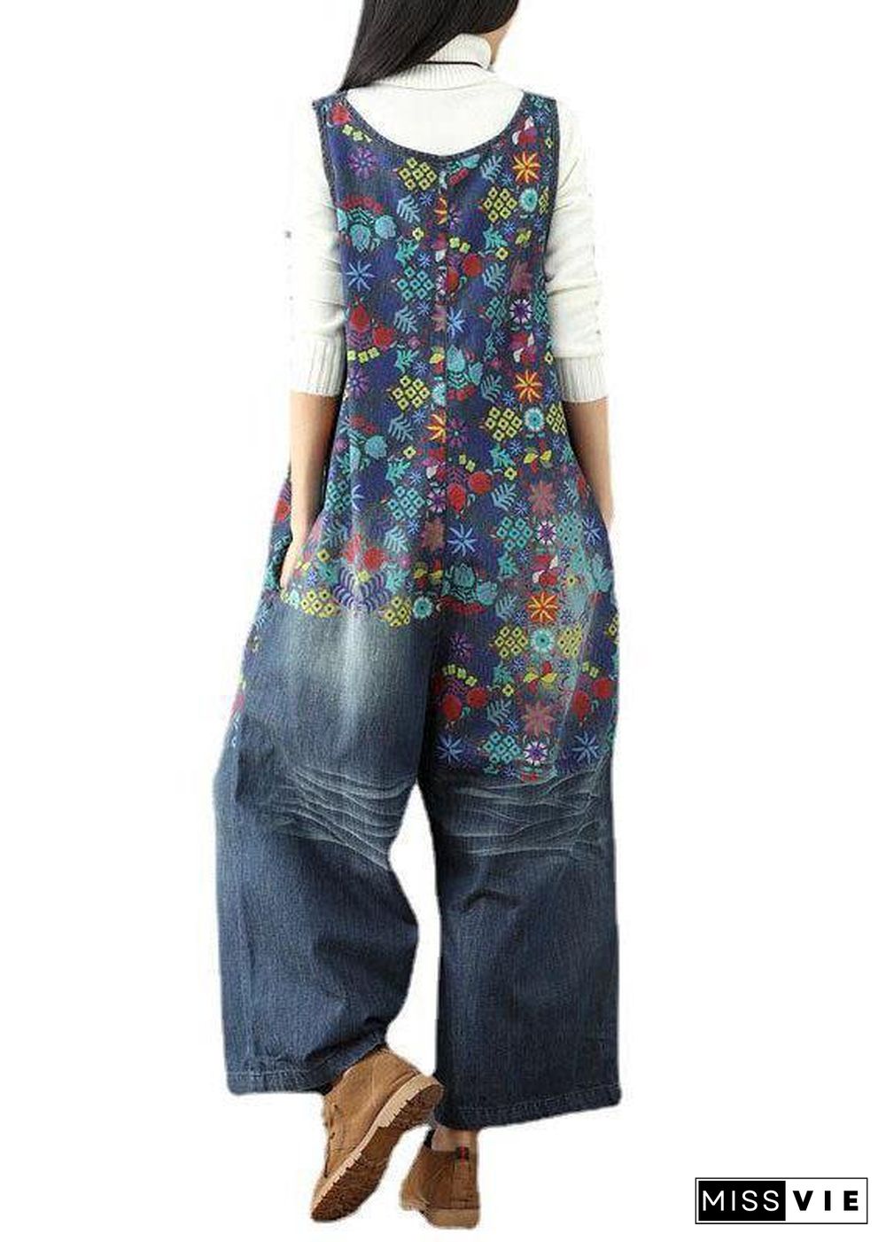 Elegant Blue Casual Print Wide Leg Fall Romper Denim