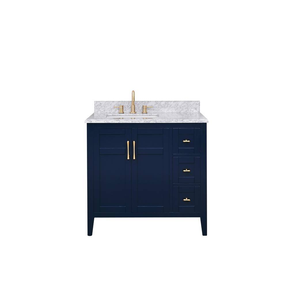 Home Decorators Collection Sturgess 37 in. W x 22 in. D x 35 in. H Bathroom Vanity in Navy Blue with Carrara White Marble Top 19111-VS37-NB