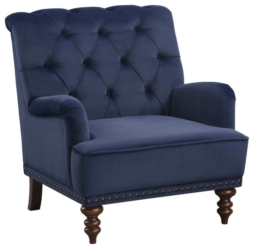 Parry 34 quotTufted Accent Chair  Blue Velvet Fabric  Brown Turned Legs   Traditional   Armchairs And Accent Chairs   by VirVentures  Houzz