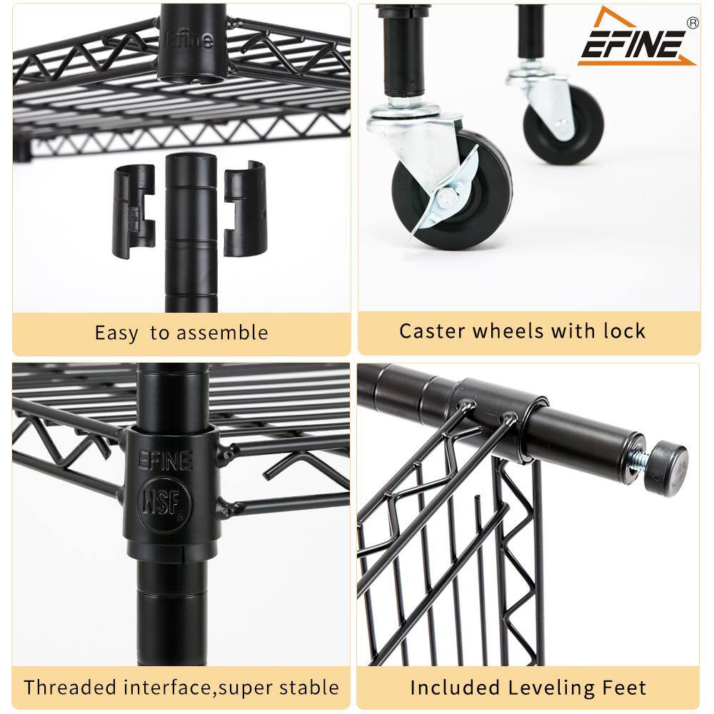 EFINE Black 4-Tier Rolling Heavy Duty Metal Wire Storage Shelving Unit Casters 1 in. Pole (36 in. W x 57.7 in. H x 14 in. D) RL33653