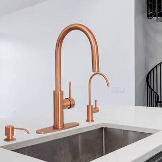 Akicon Single-Handle Pull Down Sprayer Kitchen Faucet with Deckplate in Copper AK96416-C