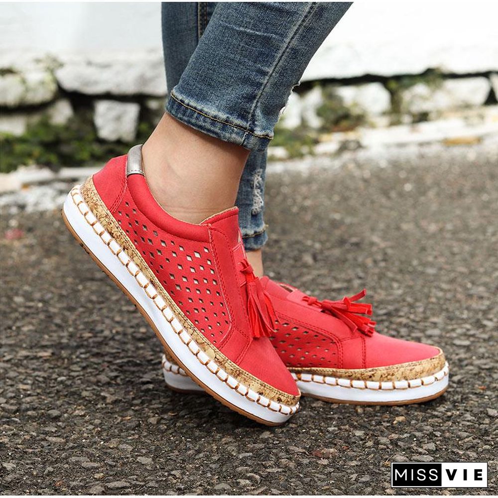 Women Slip On Hollow Out Flats Ladies Breathable Loafers Casual Platform Vulcanized Sewing Sneakers Shoes