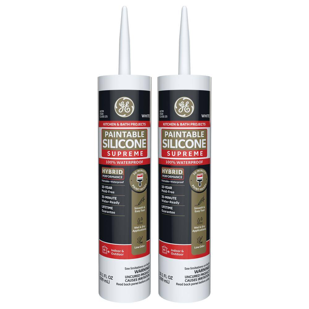 GE Paintable Silicone Supreme 9.5 oz. White Kitchen and Bath Caulk (2-Pack) 2733743