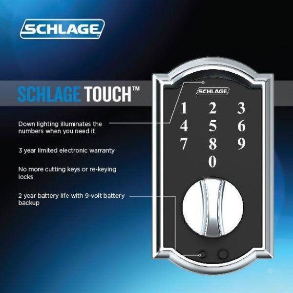 Schlage Camelot Satin Nickel Electronic Touch Keyless Touchscreen Deadbolt with Thumbturn BE375 V CAM 619